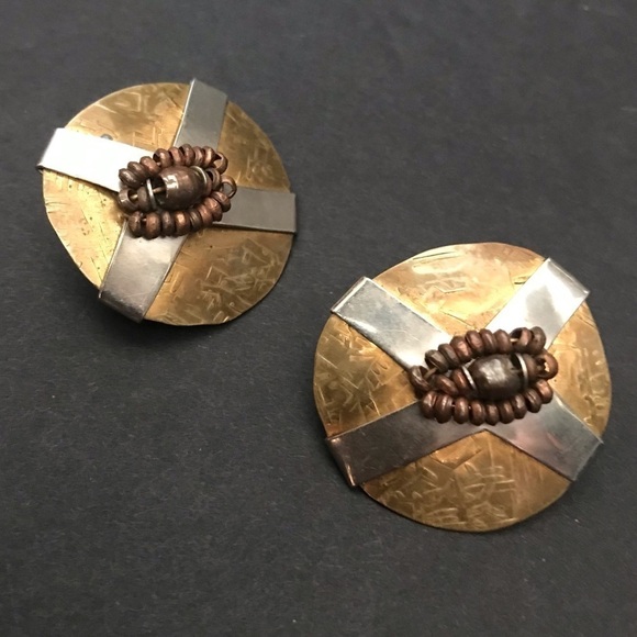 Circular Mixed Metal Earrings in Tones of Brass, Silver & Copper, Pierced Backs - Picture 2 of 5